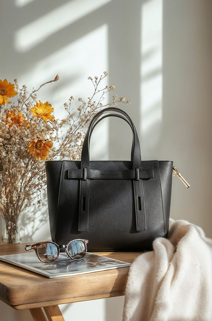 Black leather tote bag on a wooden stool